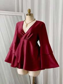 Sweetra 大码女式绿色缎面荷叶边袖休闲衬衫，新年必备。 - 紅色 - 查看 4