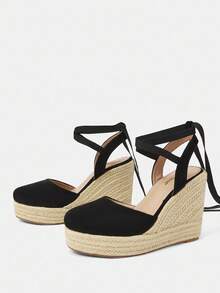 Styleloop Sandalias de plataforma con cuña tejidas en cuerda para mujer, adecuadas para fiesta, boda, uso diario, vacaciones, Halloween, Navidad, festival de música, otoño - Negro - Ver 3