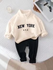 Baby Girl Cute Letter Pattern Stand Collar Fleece Sweatshirt And Elastic Waist Pants Set, Autumn & Winter