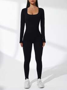 Easithlete Solid Color Long Sleeve Slim Fit Ribbed Jumpsuit