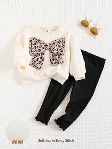 Cozy Pixies Set de 2 piezas: Sudadera de cuello redondo de manga larga con estampado de leopardo y lazo decorativo, y pantalones de cintura elástica de unicolor para niña. Conjunto de moda casual básica y versátil, cómodo para usar en interiores, exteriores, escuela, uso diario, deportes, fiestas, festivales, Halloween, Navidad y Año Nuevo en otoño/invierno. - Multicolor - Ver 8