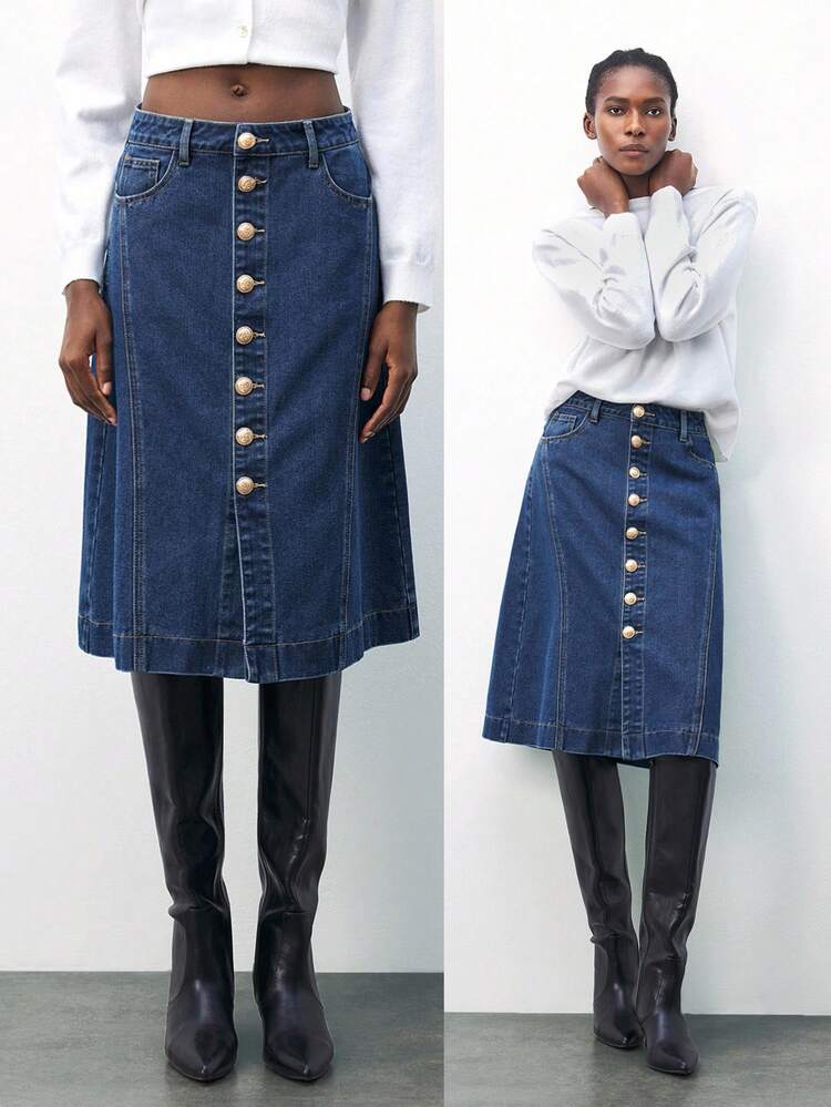 SHEIN Maija レディース シンプル デイリー ブルーデニムスカート