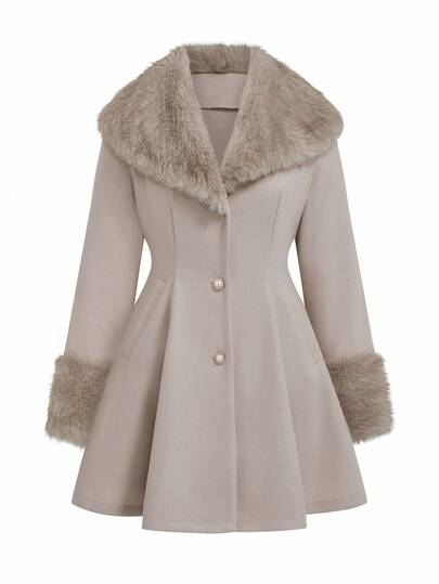 Sweetra 大码女式仿毛领拼布腰部羊毛大衣