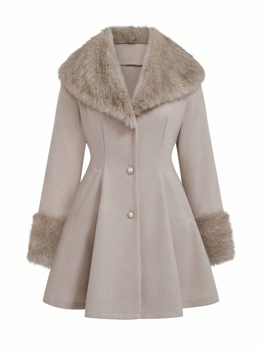 Sweetra 大码女式仿毛领拼布腰部羊毛大衣