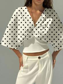 Aloruh New Simple Commuting Versatile Retro Polka Dot Print V-Neck Drop Shoulder Ruched Waist Solid Color Pullover T-Shirt, Polka Dot T-Shirt, Autumn Top - Multicolor - View 4