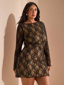 SHEIN BAE 大码女装春夏高街黑色迷你短裙，适合日常、通勤、郊游、约会、下午茶、度假、法式连衣裙、晚礼服、生日礼服、伴娘服、简洁优雅的日常连衣裙、婚纱、伴娘服、小黑裙、鸡尾酒会礼服、适合度假、海滩性感连衣裙 - 黑色 - 查看 4