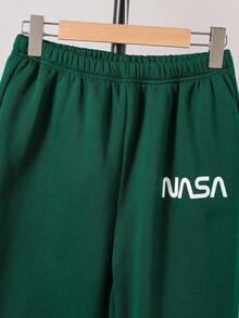 SHEIN 青少年男孩简约印花连帽衫和裤子两件套 - 綠色 - 查看 7