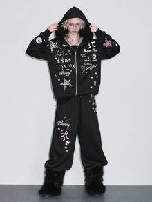 ROMWE 2 件套女士可爱甜美女孩星星蝴蝶结翅膀宽松运动衫和运动裤套装