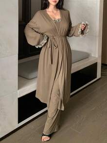 DAZY 三件套家居服：浪漫3D立体花卉装饰不对称下摆抹胸上衣、宽松长款系带睡袍和长裤家居服套装，秋冬睡衣，舒适休闲装 - 卡其色 - 查看 5