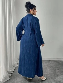 Modelyn Navy Blue Pleated Collar Open Front Batwing Long Sleeve Colorblock Dress, Plus Size - Blue - View 2
