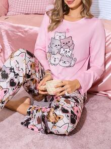 SweetSlumber 可爱猫咪印花撞色睡衣套装，女士可爱睡衣套装，两件套，舒适睡衣套装，猫咪睡衣套装，秋冬服装睡衣，女士猫咪睡衣套装，女士卡通睡衣套装 - 彩色 - 查看 6