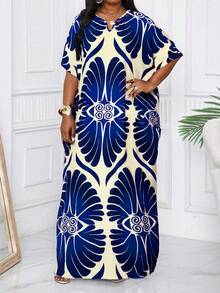 SHEIN Lady CURVE Plus Size Elegant Floral Full Print Batwing Sleeve Dress,Beach Dress Sundress,Holiday Outfits Boho Long Dress Vacation Printed Waist Lantern Sleeve Blue Dress Flowy Dress - Multicolor - View 5