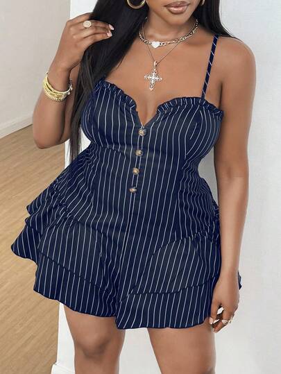 Maweii Plus-Size Women's Sexy Striped Camisole Peplum New Year One-Piece Pants