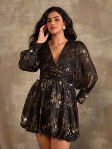Roveilla Robe de soirée à manches longues, col en V, froncée avec décoration de boutons, grande taille, automne/hiver - Noir - Voir 6
