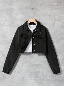 SHEIN Teen Girl Ripped Flap Pocket Raw Hem Trim Button Crop Denim Jacket