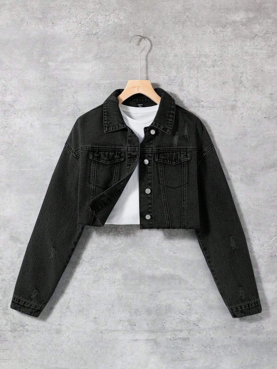 SHEIN Teen Girl Ripped Flap Pocket Raw Hem Trim Button Crop Denim Jacket