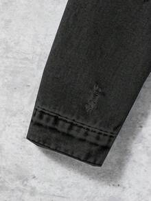 SHEIN Teen Girl Ripped Flap Pocket Raw Hem Trim Button Crop Denim Jacket