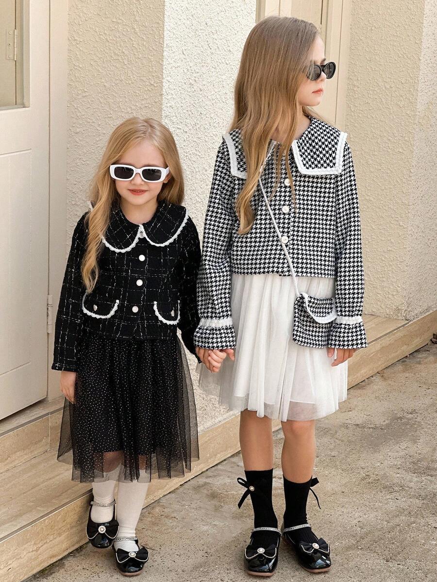 SHEIN Tween Girls Cute Houndstooth Collar Long Sleeve Short Jacket Top & White Mesh Skirt 2 Pieces Set, Comfortable Autumn/Winter Fall - Black - View 1