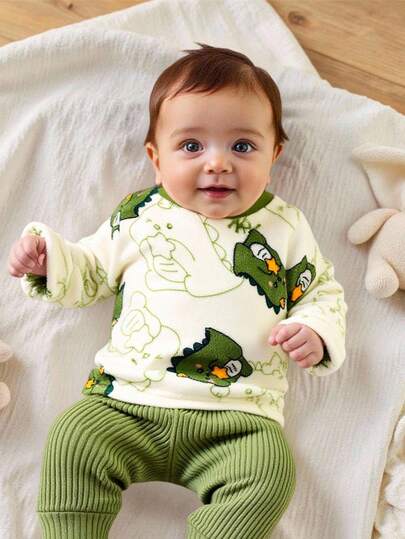 SHEIN Toddler Boys' Cute Dinosaur Fleece Print Crew Neck Long Sleeve Top, Suitable For Casual Wear, Outdoor Activities, Autumn/Winter Fall