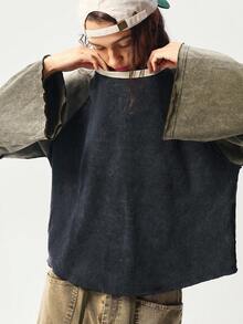 Bohemela Áo thun nữ tay dài dệt kim chắp vá Raglan rộng rãi, giặt thoải mái - Nhiều màu - Xem 6