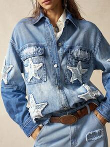 Bohemela 女士休闲宽松纽扣口袋长袖衬衫 - 藍色 - 查看 3