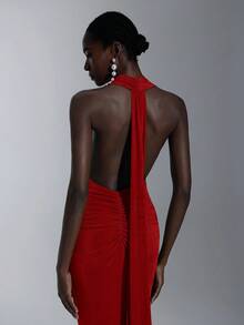 Elitara Elegant, Romantic, Sexy, Minimalist, Green, Knitted Fabric, Halter Neck, Cinched Waist, Mermaid Hem, Fashionable, Influencer Style, Holiday, Vacation, Birthday Party, Wedding Event, Bridesmaid Dress - Burgundy - View 3