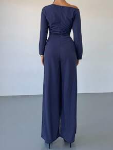 Firerie Macacão feminino azul-marinho, cor sólida, manga comprida, cintura plissada, pernas largas, extra longo, elegante e generoso, macacão feminino formal, elegante, romântico, assimétrico, cruzado, traje feminino para professora, macacão feminino para o dia a dia, roupa primavera, outono e inverno, elegante, para o dia a dia, casual, diário, minimalista, traje de trabalho - Azul marinho - Ver 9