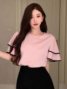 DAZY 优雅女士双层荷叶边下摆短袖衬衫，撞色边缘细节和圆领，新年前夜，短袖上衣夏季 - 粉色 - 查看 4