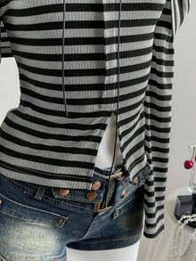 Elamini Grey Black & White Ribbed Texture Off Shoulder Ruched Long Sleeve T-Shirt,Grunge Button Decor Front Split Fitted Top,Autumn Night Out Minimalist Tee - Black - View 6