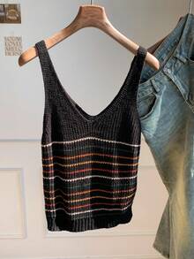 Comfortcana 女式休闲黑色条纹针织上衣，秋季 - 黑色 - 查看 2