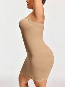 SHAPORA 女士纯色弹力舒适加大码塑身衬裙 - 杏色 - 查看 3