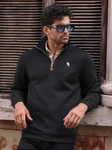HIMLAND 男士休闲针织半拉链长袖刺绣修身套头衫，适合日常穿着，男士半拉链运动衫，四分之一拉链套头衫，男士四分之一拉链毛衣，立领运动衫，立领套头衫，学院风运动衫，“Old Money”美学套头衫，男士高尔夫套头衫，羊毛四分之一拉链，男士学院风四分之一拉链套头衫，完美的“Old Money”运动衫，打造高级休闲装扮，秋冬 - 黑色 - 查看 2