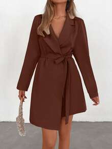 EURMUSE Robe longue à manches longues et à taille nouée de couleur unie, minimaliste. Convient pour le travail et les déplacements - Marron fonçé - Voir 5