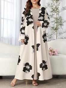 SHEIN Najma 女式黑色花卉印花长袖休闲阿拉伯长袍，春秋装 - 彩色 - 查看 1