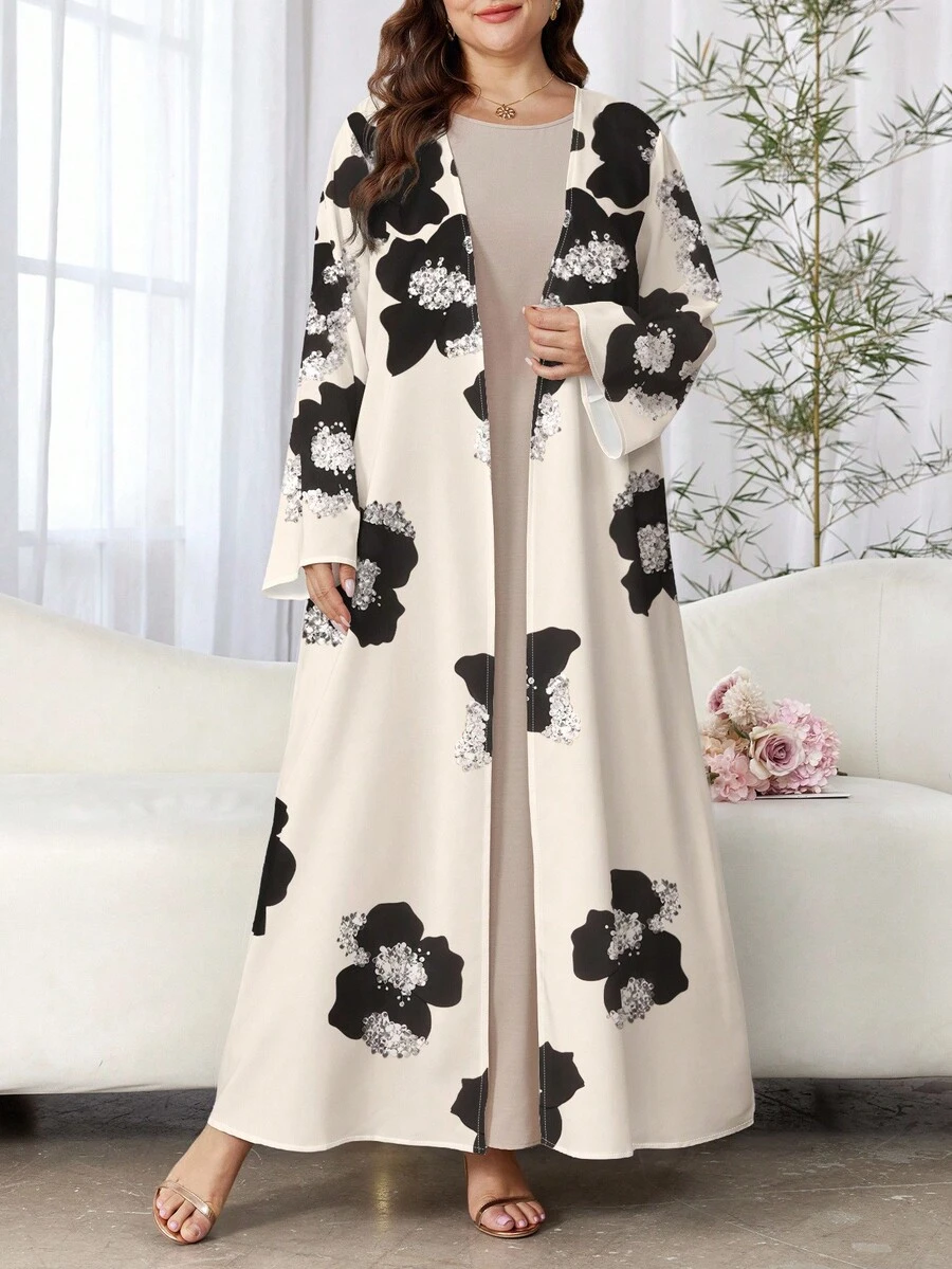 SHEIN Najma 女式黑色花卉印花长袖休闲阿拉伯长袍，春秋装 - 彩色 - 查看 1