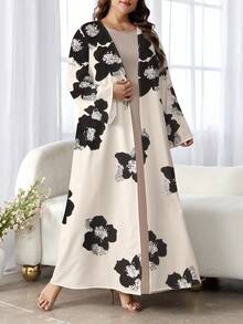 SHEIN Najma 女式黑色花卉印花长袖休闲阿拉伯长袍，春秋装 - 彩色 - 查看 4