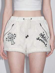 ROMWE Goth Y2K 哥特式十字绣毛绒女式短裤，万圣节 - 米色 - 查看 4