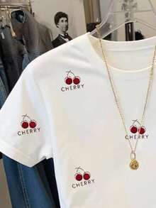 Resyla 女士休闲樱桃刺绣短袖T恤，夏季 - 白色 - 查看 5