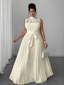 Maweii Plus Size Women Solid Color Sleeveless Lace Pleated Waist Dress - Apricot - View 4