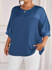 Cravure Plus Size Round Neck 3/4 Sleeve Metallic Fabric Patchwork Contrast Color Woven Fabric Cuff Raglan Sleeve Casual Outgoing Holiday Commute Party Pullover Shirt - Cadet Blue - View 5