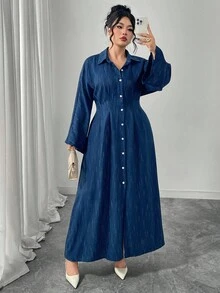 Modelyn Navy Blue Pleated Collar Open Front Batwing Long Sleeve Colorblock Dress, Plus Size - Blue - View 1