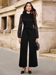 EMERY ROSE Women Jumpsuits Berikat Kontras Lace Zip Plain Anggun - Hitam - View 4