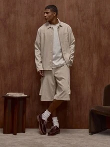 Musero Men Oversized Premium Long Sleeve Enlarged Front Pocket Hidden Button Placket Detailed Shirt /Winter - Apricot - View 3