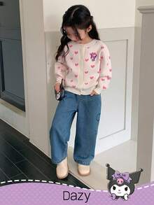 DAZY HELLO KITTY AND FRIENDS | SHEIN 少女心形图案前扣开衫，秋冬 - 米色 - 查看 2