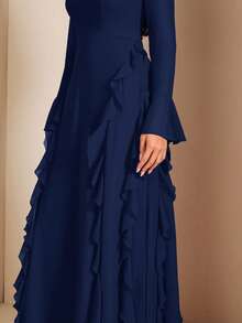 SHEIN BAE Váy dài tay cổ cao màu đỏ thanh lịch dành cho nữ, thích hợp cho các buổi hẹn hò, dạ tiệc - Màu xanh hải quân - Xem 5