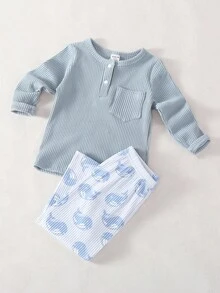 两件套幼儿男童休闲卡通鱼印花针织圆领开衫睡衣套装 - 彩色 - 查看 1