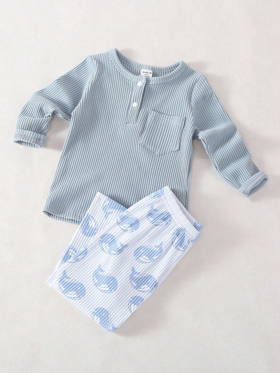 两件套幼儿男童休闲卡通鱼印花针织圆领开衫睡衣套装 - 彩色 - 查看 1