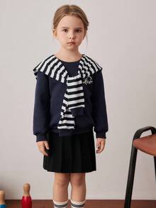 PrepCrw Young Girls' Collegiate Style Round Neck Sweatshirt/Shawl Set Fall Winter - Blue and White - View 3