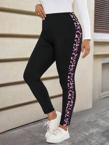 Rosumi 秋季大码休闲日常豹纹拼接弹力紧身裤 - 粉色 - 查看 3