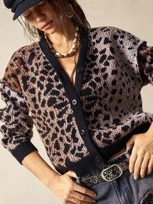 Bohemela Women's Casual Leopard Print Drop Shoulder Long Sleeve Knit Cardigan, Autumn/Winter